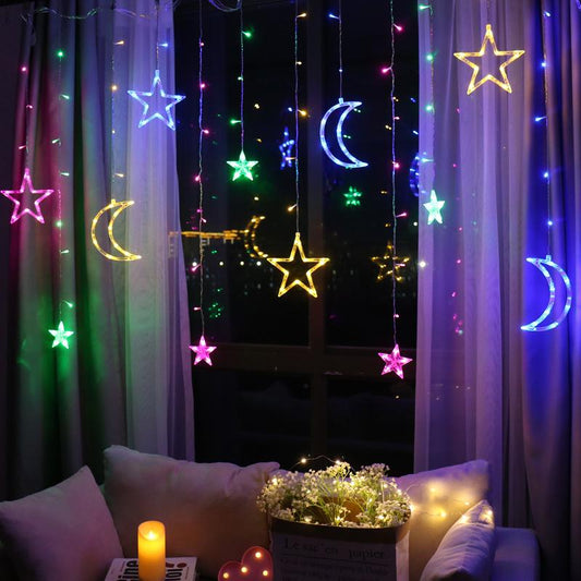 Moon Star Lamp String Light Remote Control - Electric Curtain w/ 8 Flicker Modes - Celestial Theme