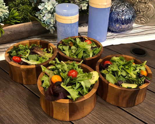 Natural acacia wood salad bowls set of 4. Perfect for serving salads, sides, and snacks. Durable 6" × 2.5" size. Beautiful wood grain finish for your kitchen.
