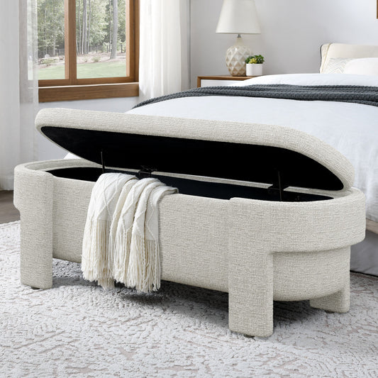 Linen Fabric Upholstered Bench with Storage
