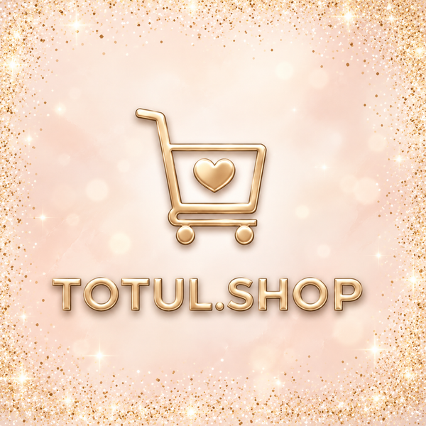 A gold shopping cart icon with a heart inside, centered above the text 'TOTUL.SHOP' on a soft pink glittery background.