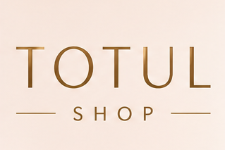 A gold and beige logo design set for 'TOTUL.SHOP' showing a shopping cart icon with a heart, a monogram 'T' with a heart, a simplified text logo, and a social media badge on a glittery gold and beige background.