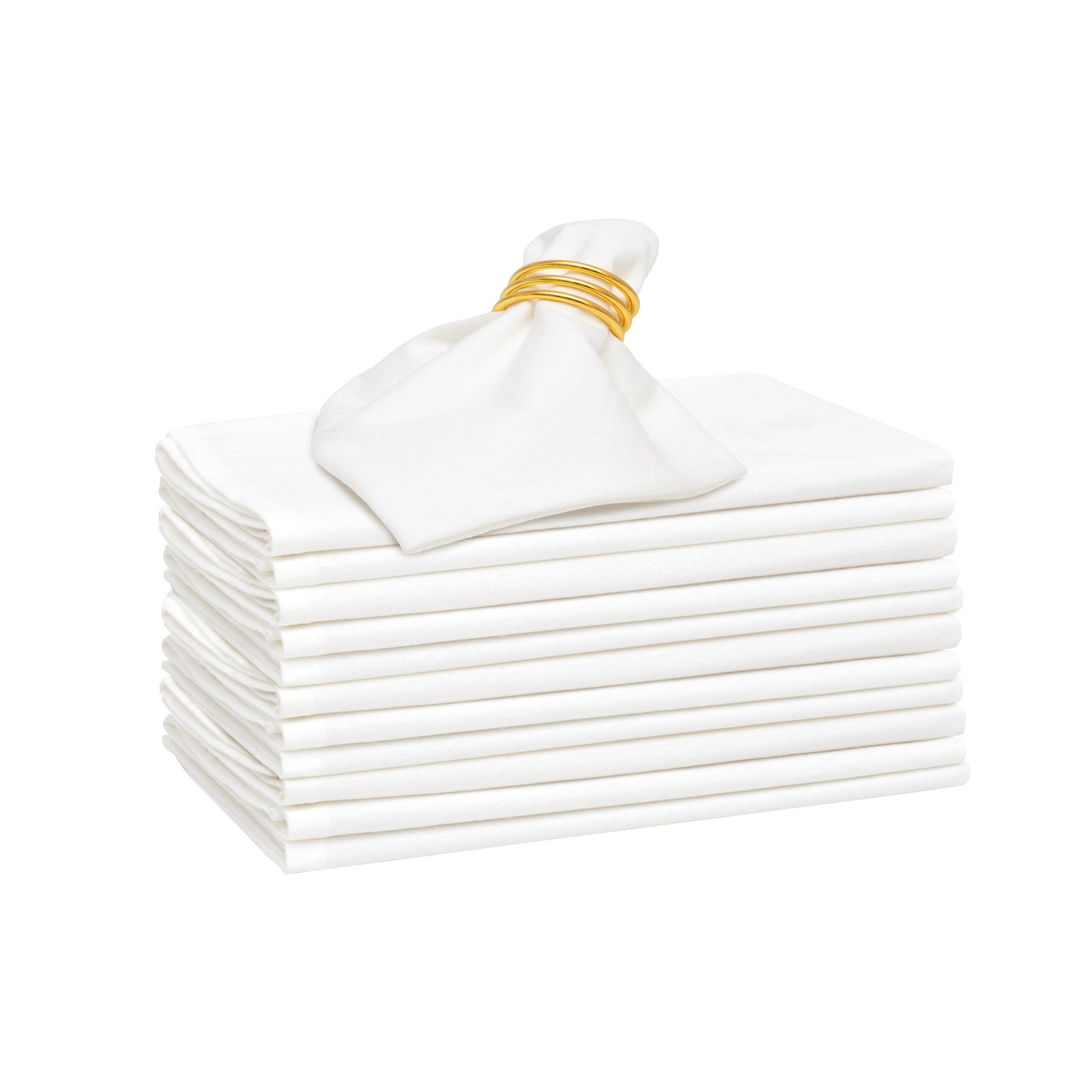 Stack of white napkins with a gold ring on a white background