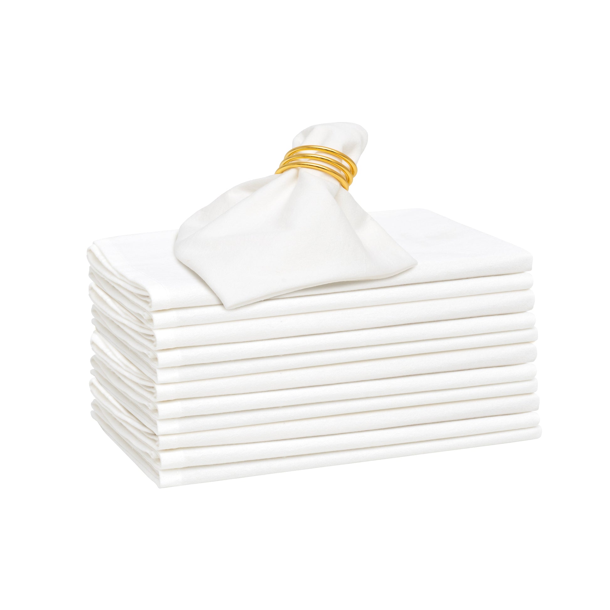 Stack of white napkins with a gold ring on a white background