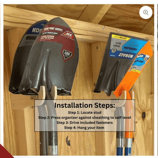 Shovels hanging on a wooden wall organizer with installation steps displayed.