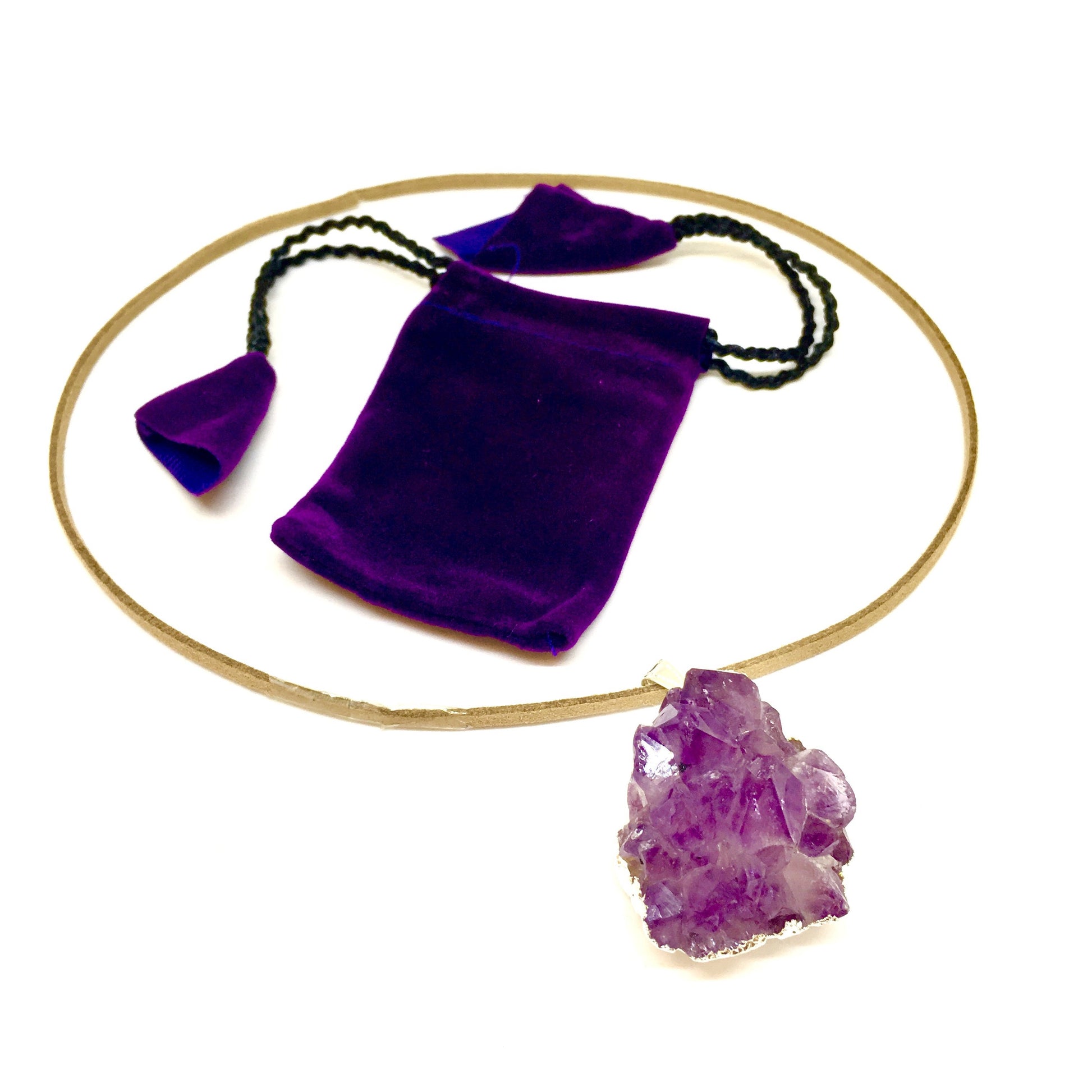 Purple Amethyst Cluster Pendant with Tan Suede Necklace and Gift Bag - Healing and Chakra