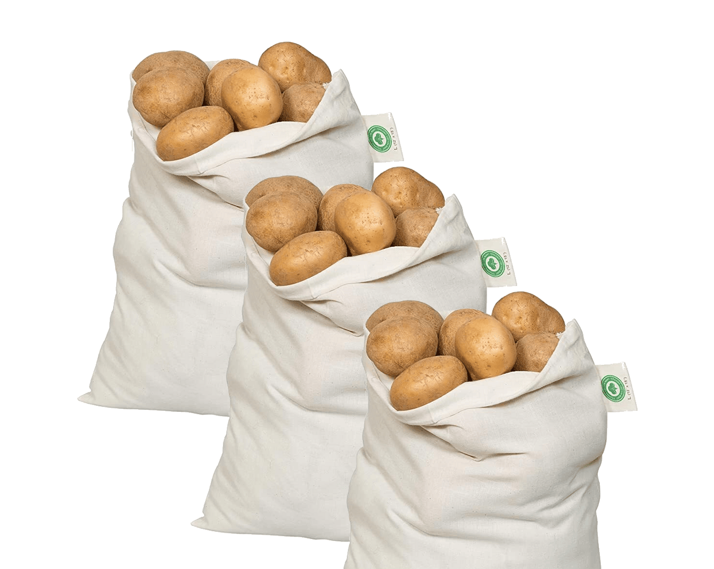 Three bags of potatoes with visible tags on a white background. 100% Cotton Produce Bags.