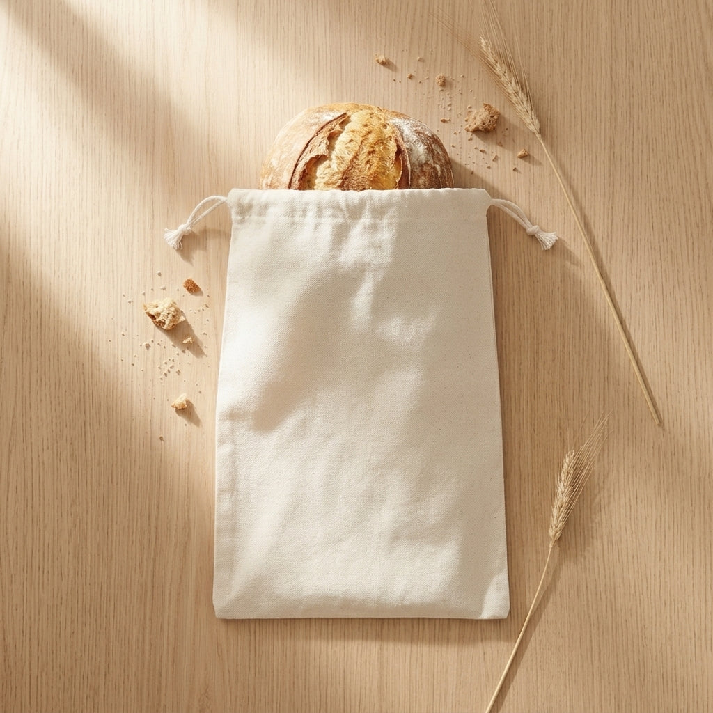 White drawstring bag with bread on a wooden surface with wheat stalks.