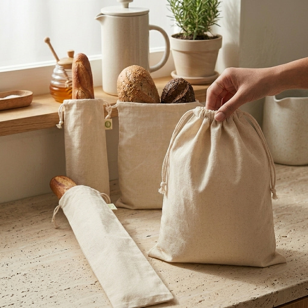 Hand holding a drawstring bag with bread in a kitchen setting