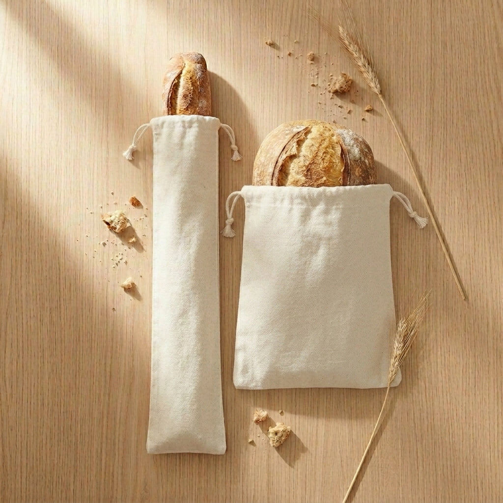 Two bread loaves in white drawstring bags on a wooden surface with scattered bread crumbs and wheat stalks.