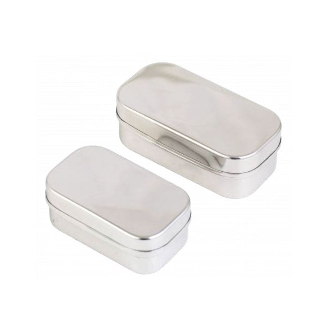 Two silver rectangular boxes on a white background