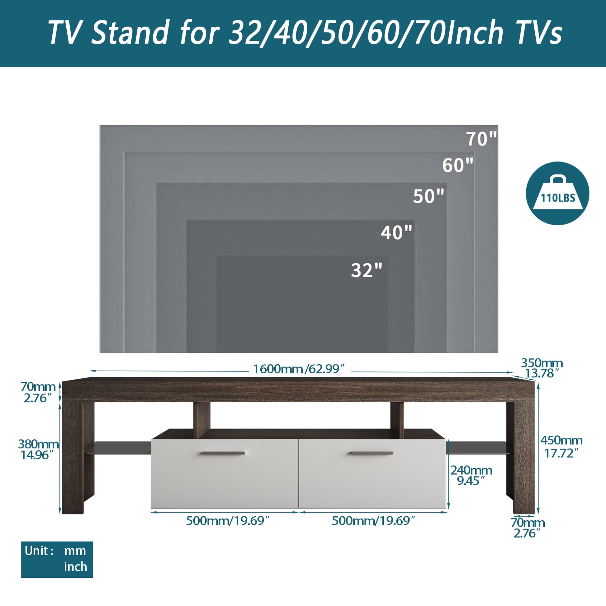 Quick Assembly Modern Television Stand with 16 Colors Remote Controlled LED Light- Brown+White_5