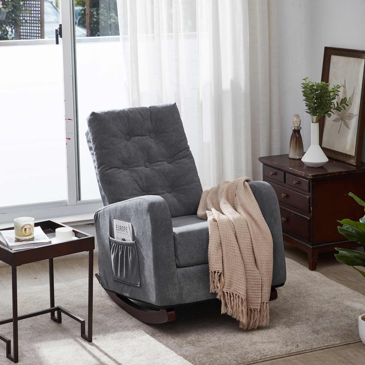 Living Room Chair Lazy Recliner Comfortable Fabric High Back Armchair- Antique Gray_7