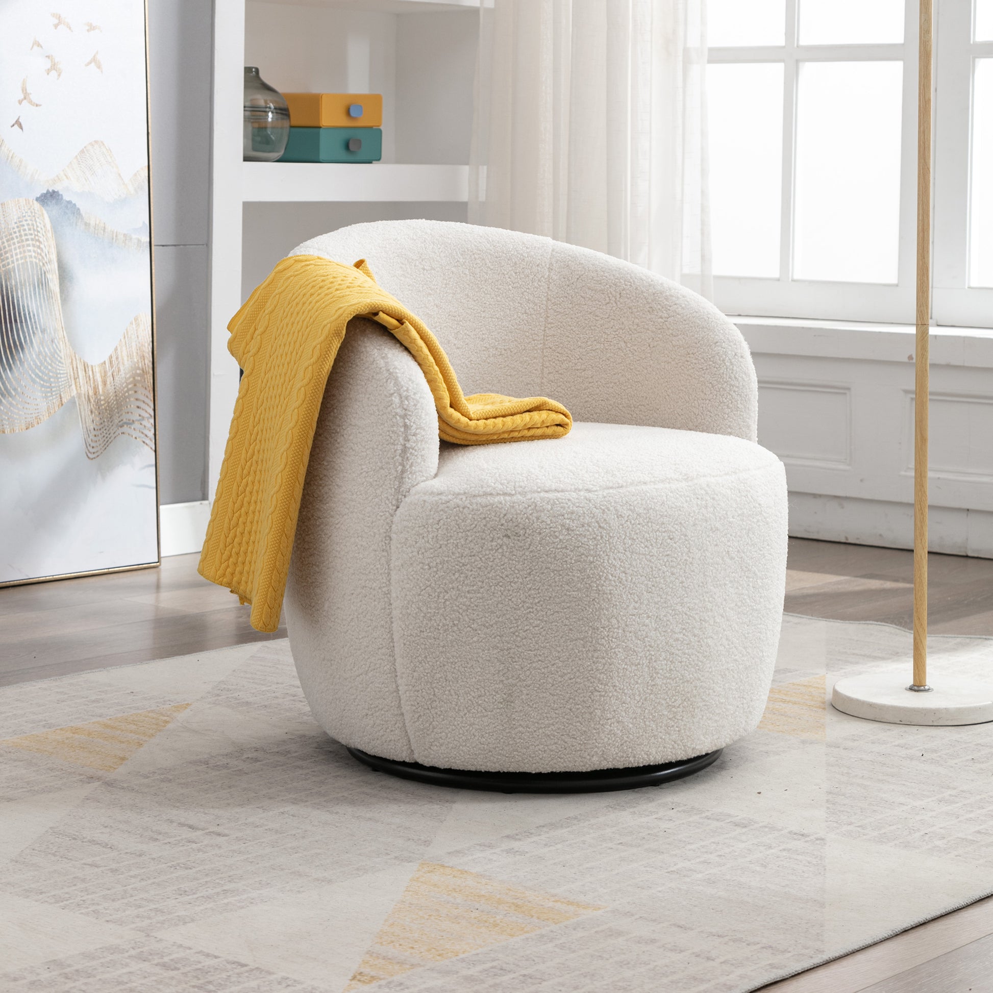 Teddy Fabric Swivel Accent Armchair Barrel Chair With Black Metal Ring- Ivory White_18