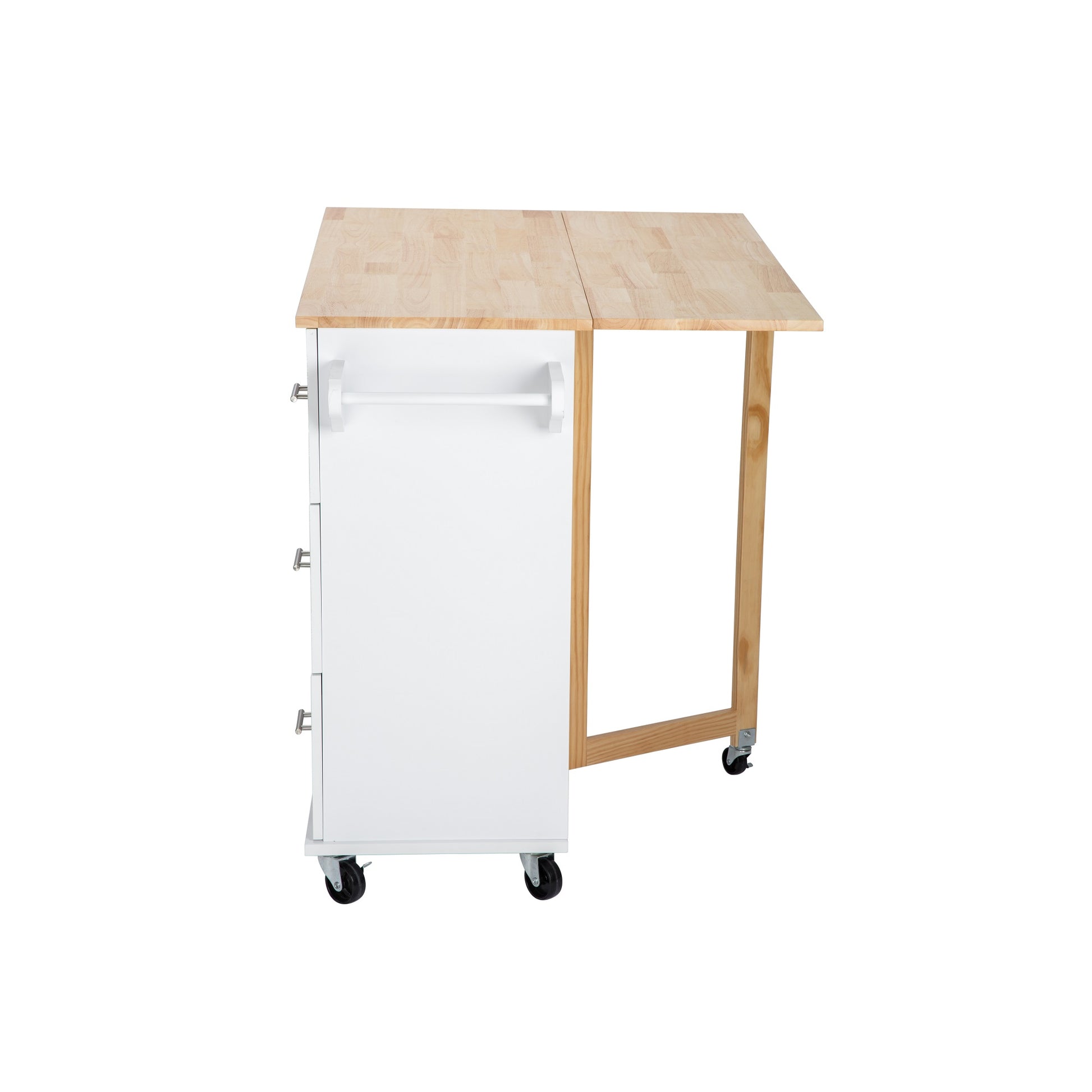 3 Drawers Rubber Wooden Top Utility Kitchen Cart with Adjustable Shelf- White_3