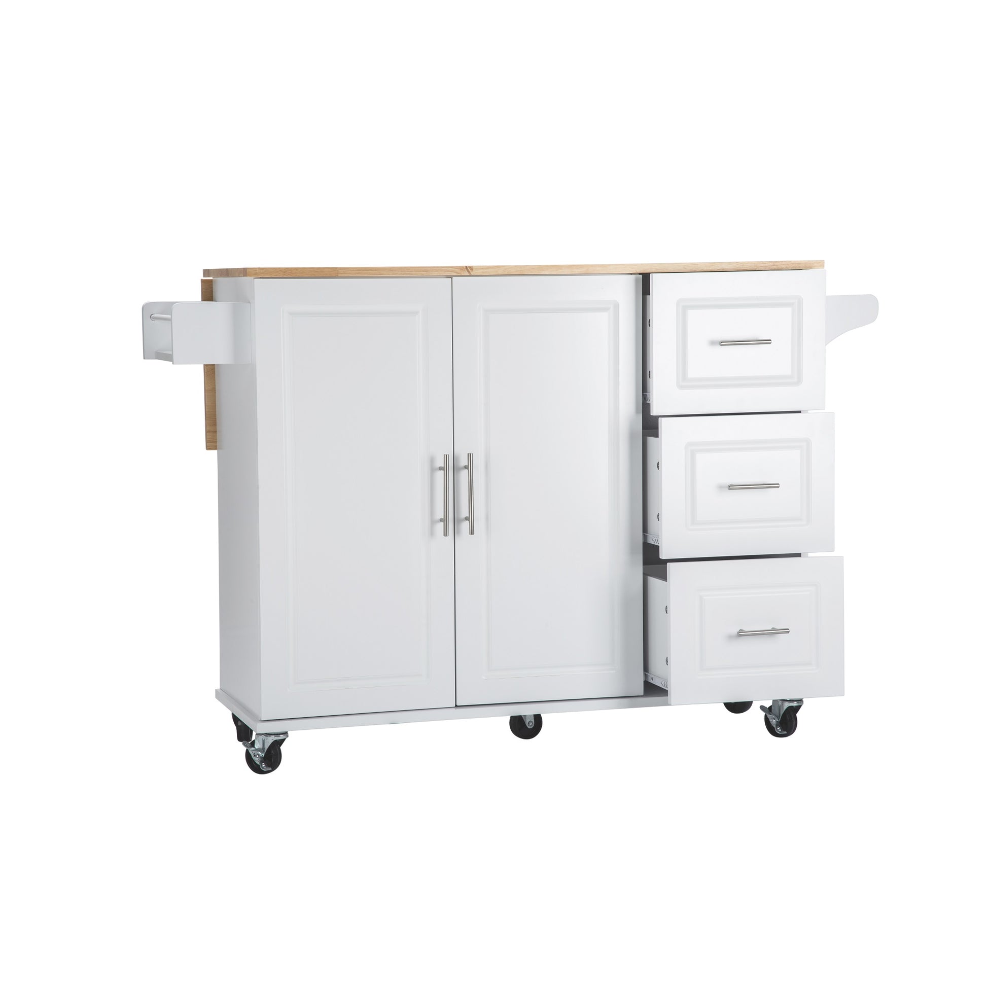 3 Drawers Rubber Wooden Top Utility Kitchen Cart with Adjustable Shelf- White_1