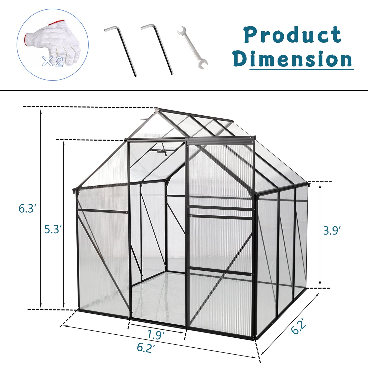 6X6FT Polycarbonate Walk-in Greenhouse Garden for Backyard Planting- Black_5