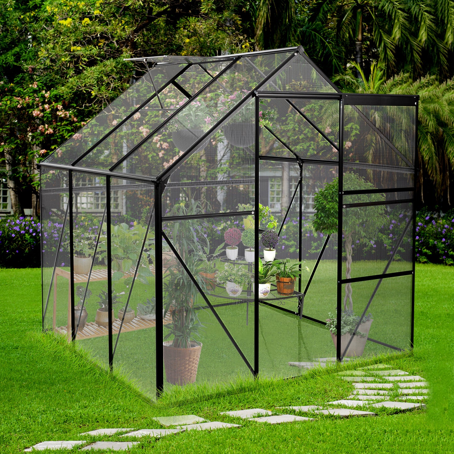 6X6FT Polycarbonate Walk-in Greenhouse Garden for Backyard Planting- Black_0