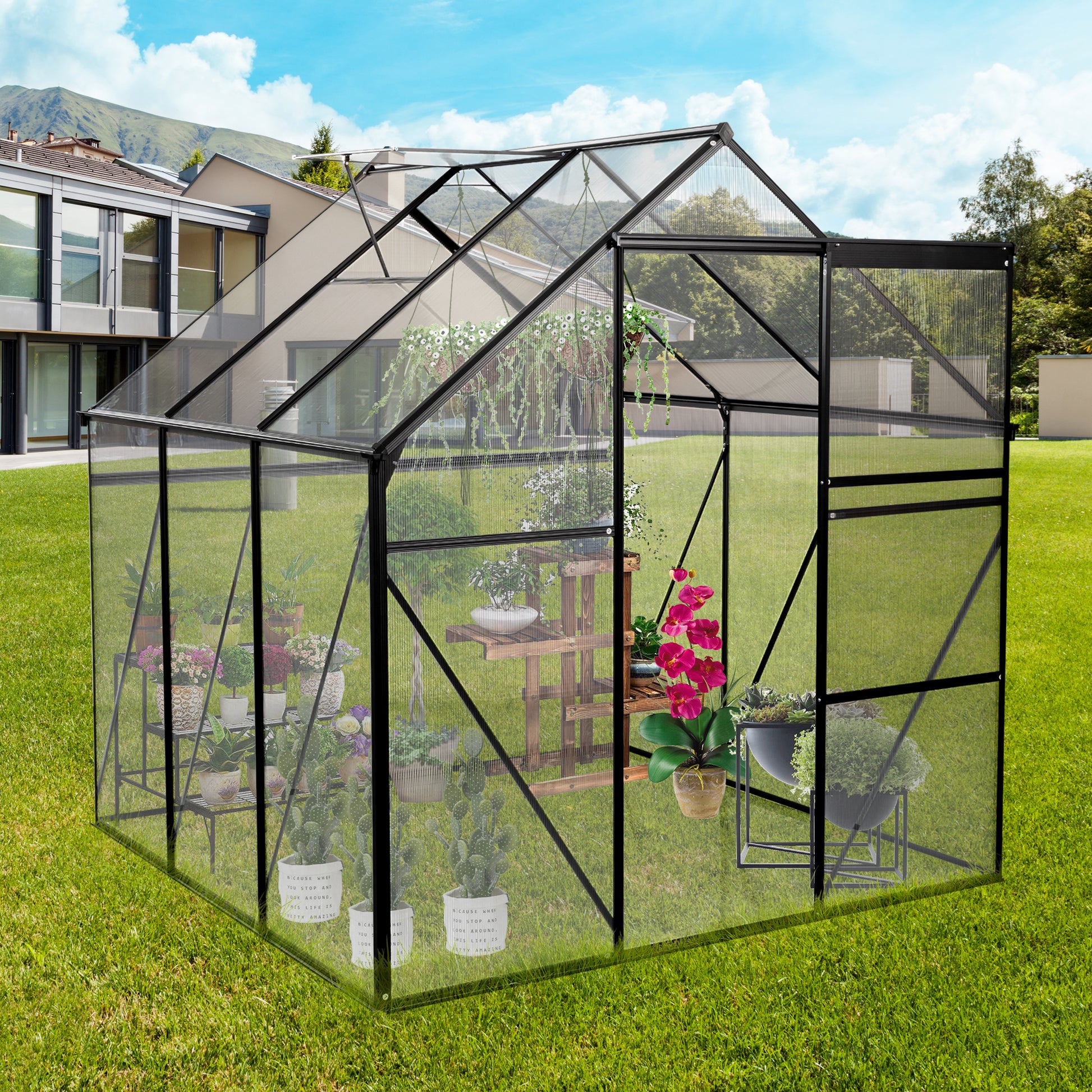 6X6FT Polycarbonate Walk-in Greenhouse Garden for Backyard Planting- Black_1