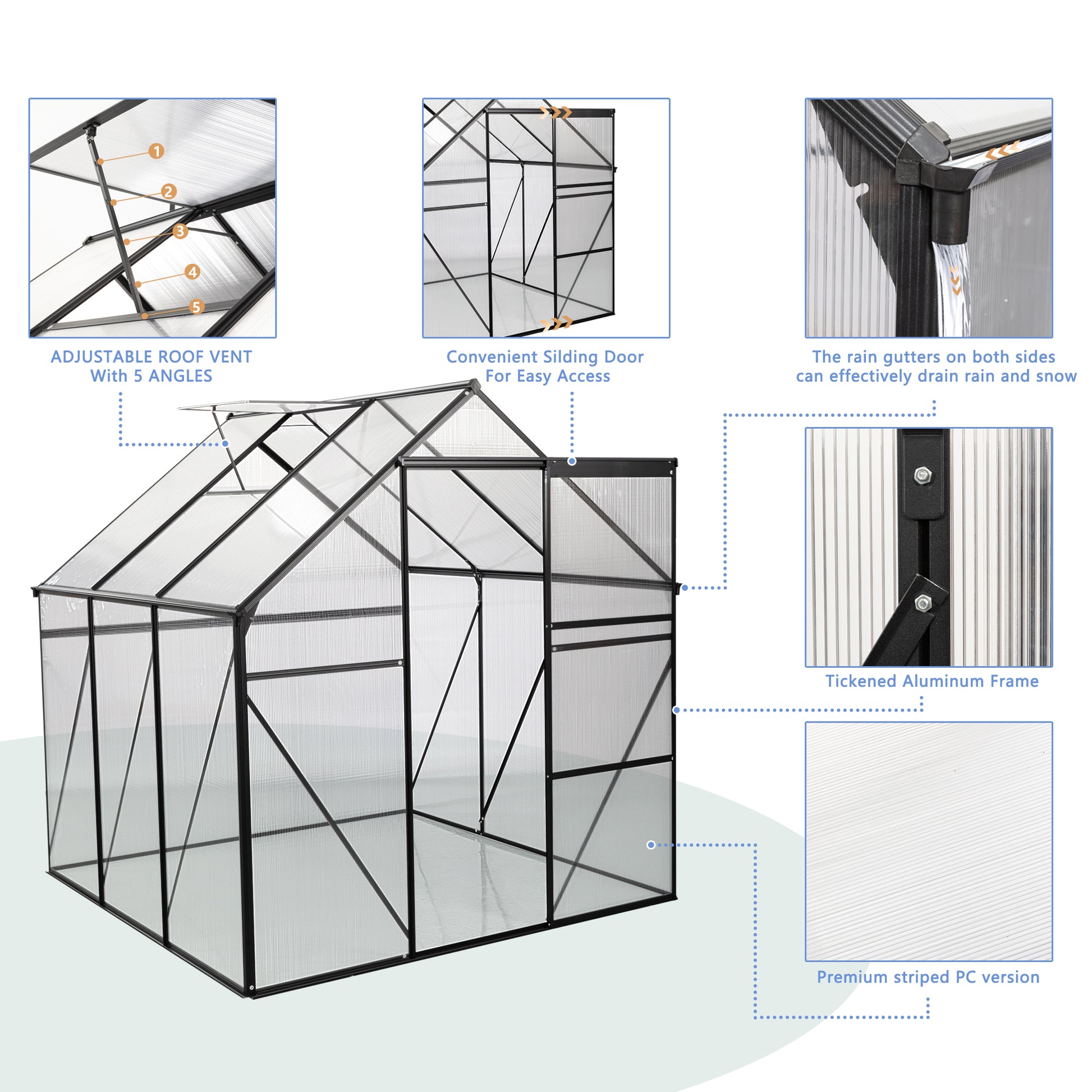 6X6FT Polycarbonate Walk-in Greenhouse Garden for Backyard Planting- Black_6