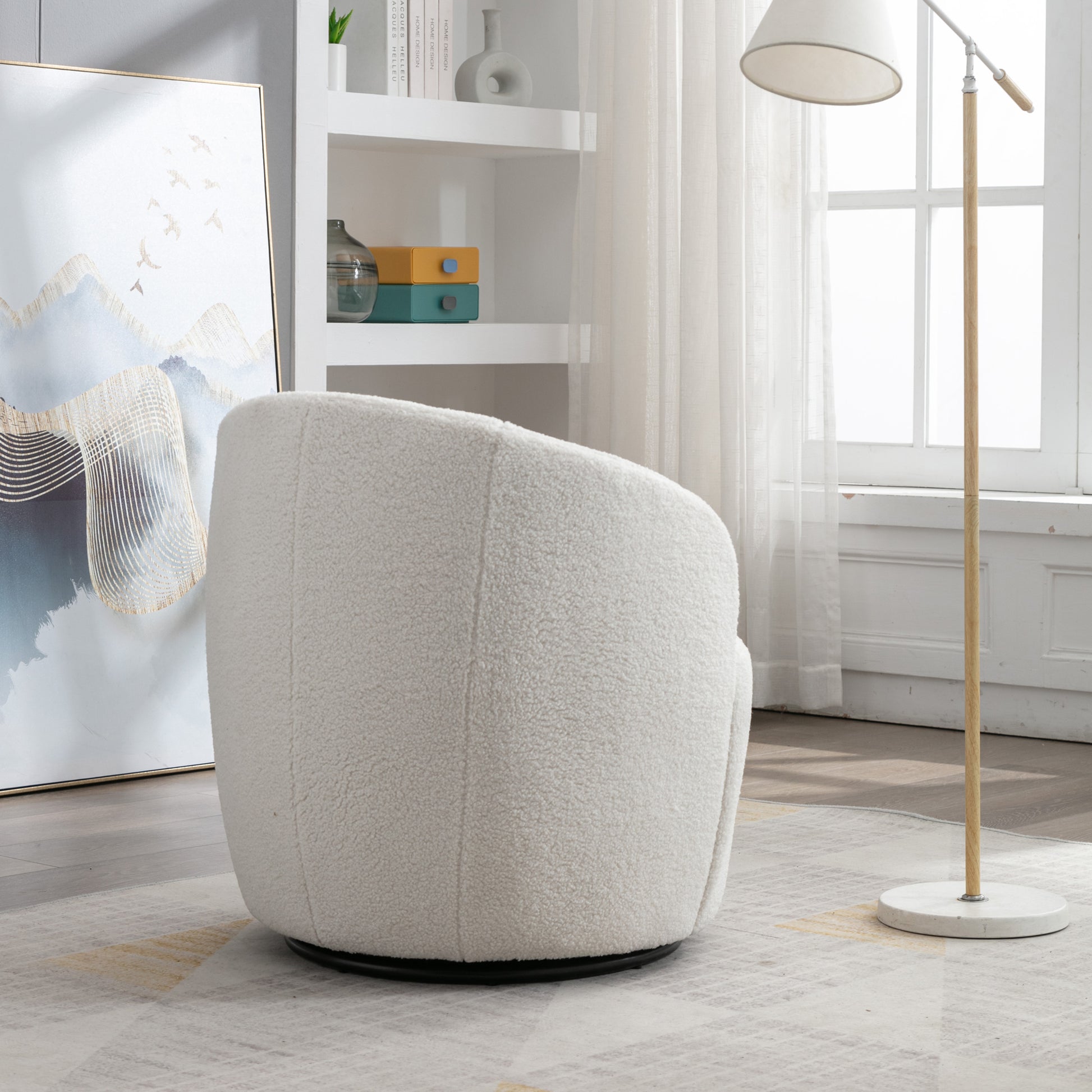 Teddy Fabric Swivel Accent Armchair Barrel Chair With Black Metal Ring- Ivory White_8