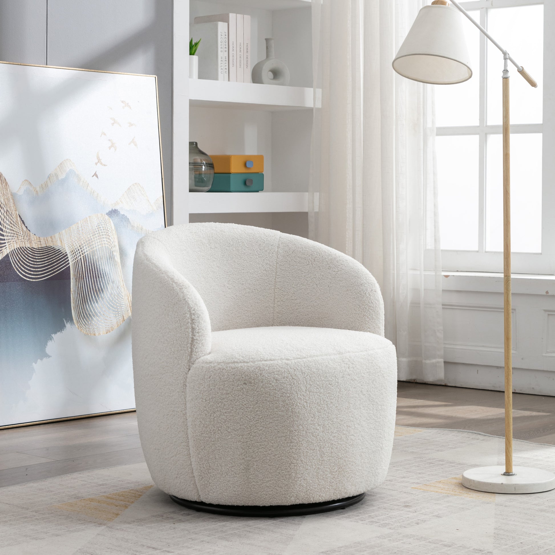 Teddy Fabric Swivel Accent Armchair Barrel Chair With Black Metal Ring- Ivory White_10