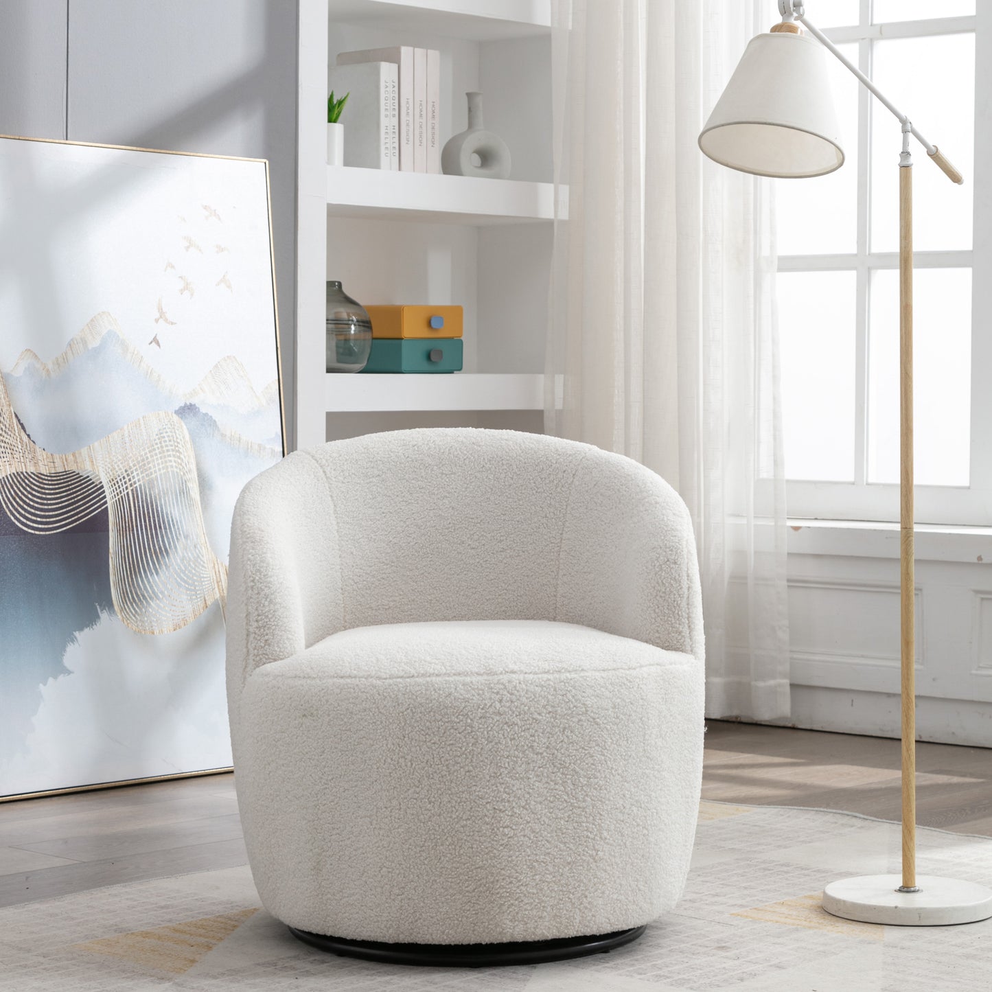 Teddy Fabric Swivel Accent Armchair Barrel Chair With Black Metal Ring- Ivory White_11