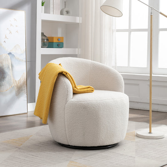 Teddy Fabric Swivel Accent Armchair Barrel Chair With Black Metal Ring- Ivory White_0