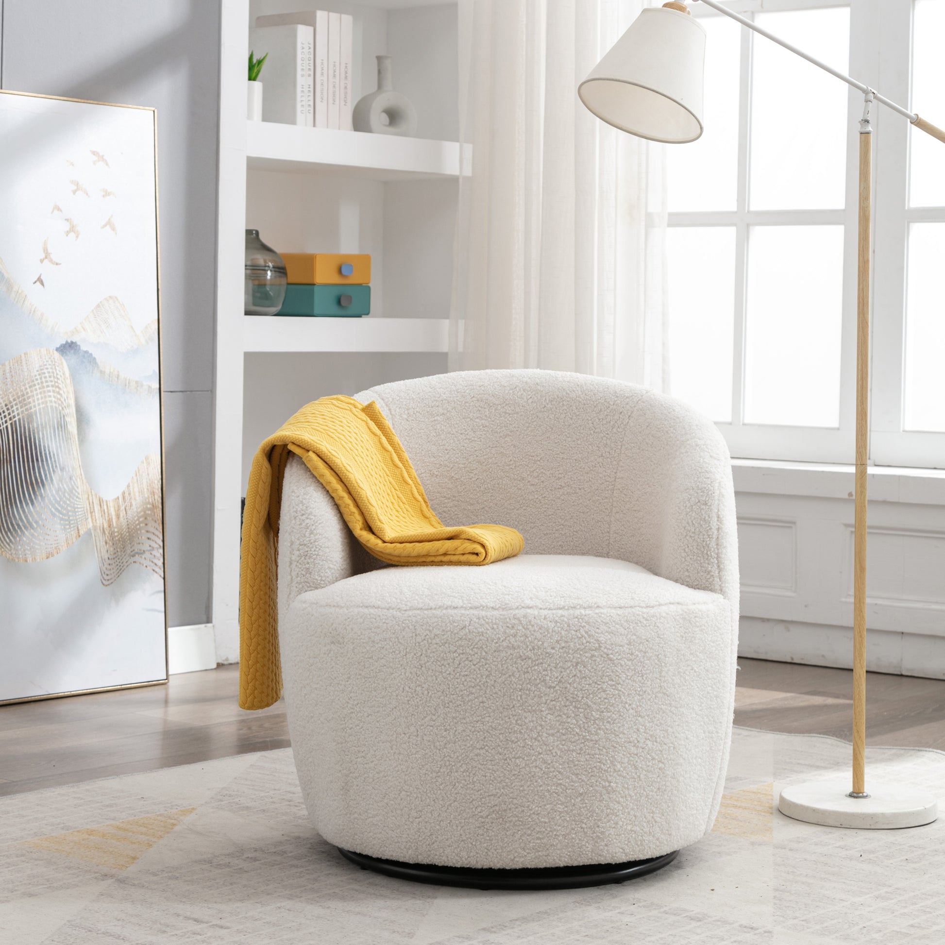 Teddy Fabric Swivel Accent Armchair Barrel Chair With Black Metal Ring- Ivory White_2